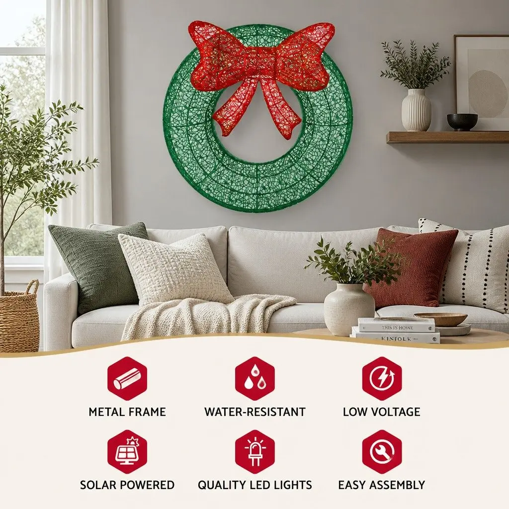 Solar Powered Christmas Wreath Light 60cm Outdoor LED Warm White Decoration