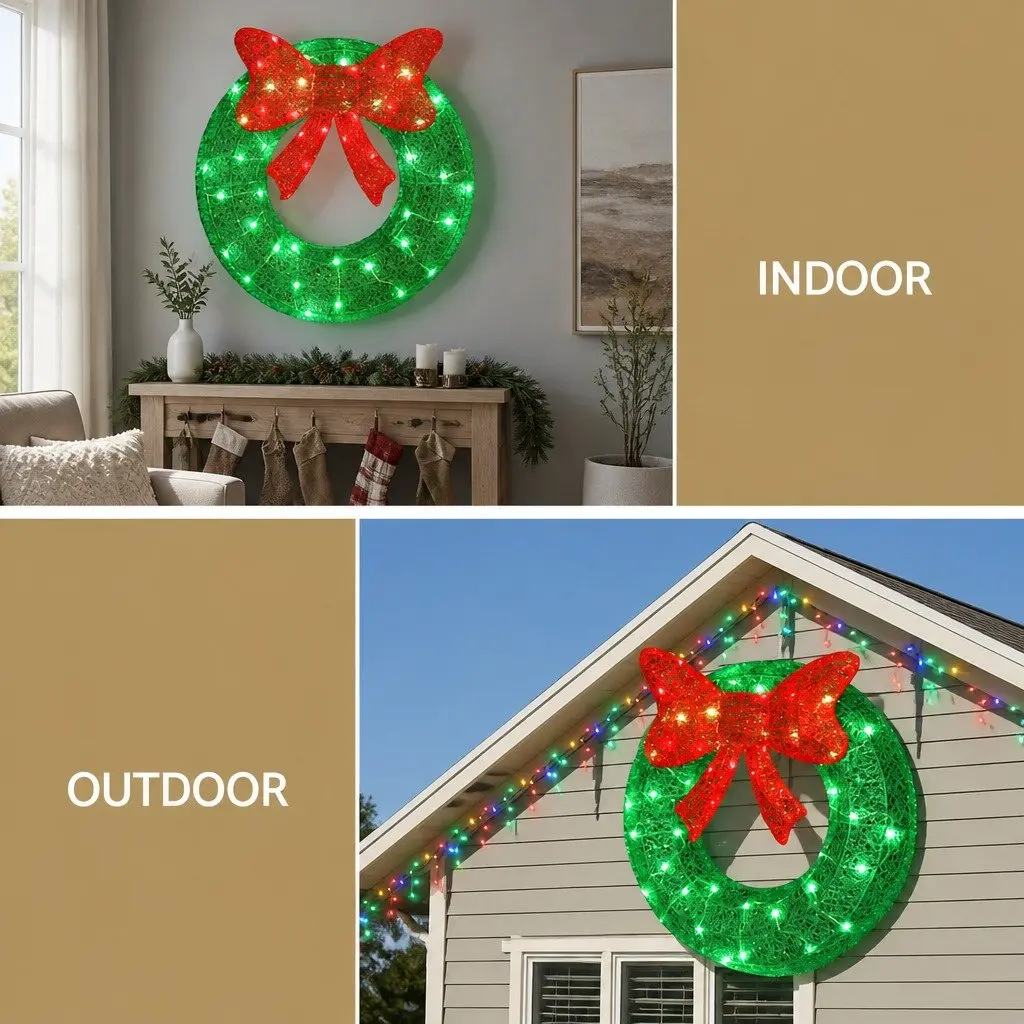 Solar Powered Christmas Wreath Light 60cm Outdoor LED Warm White Decoration