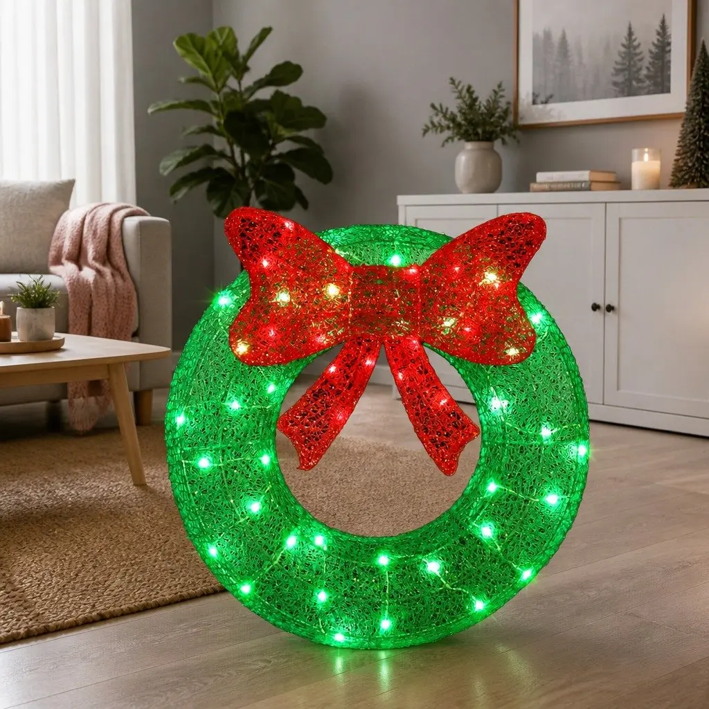 Solar Powered Christmas Wreath Light 60cm Outdoor LED Warm White Decoration