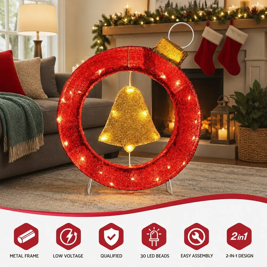 Christmas Wreath LED Steel Frame 60cm Multicolour with 30 Warm White Lights