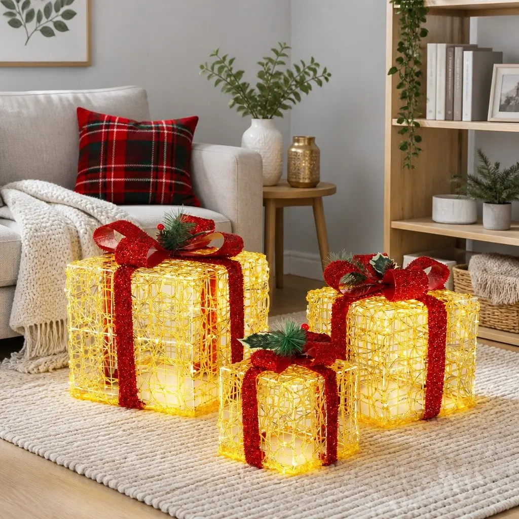 Christmas Lights Gift Box Set LED Warm-White 3 Piece Outdoor Indoor Decorations