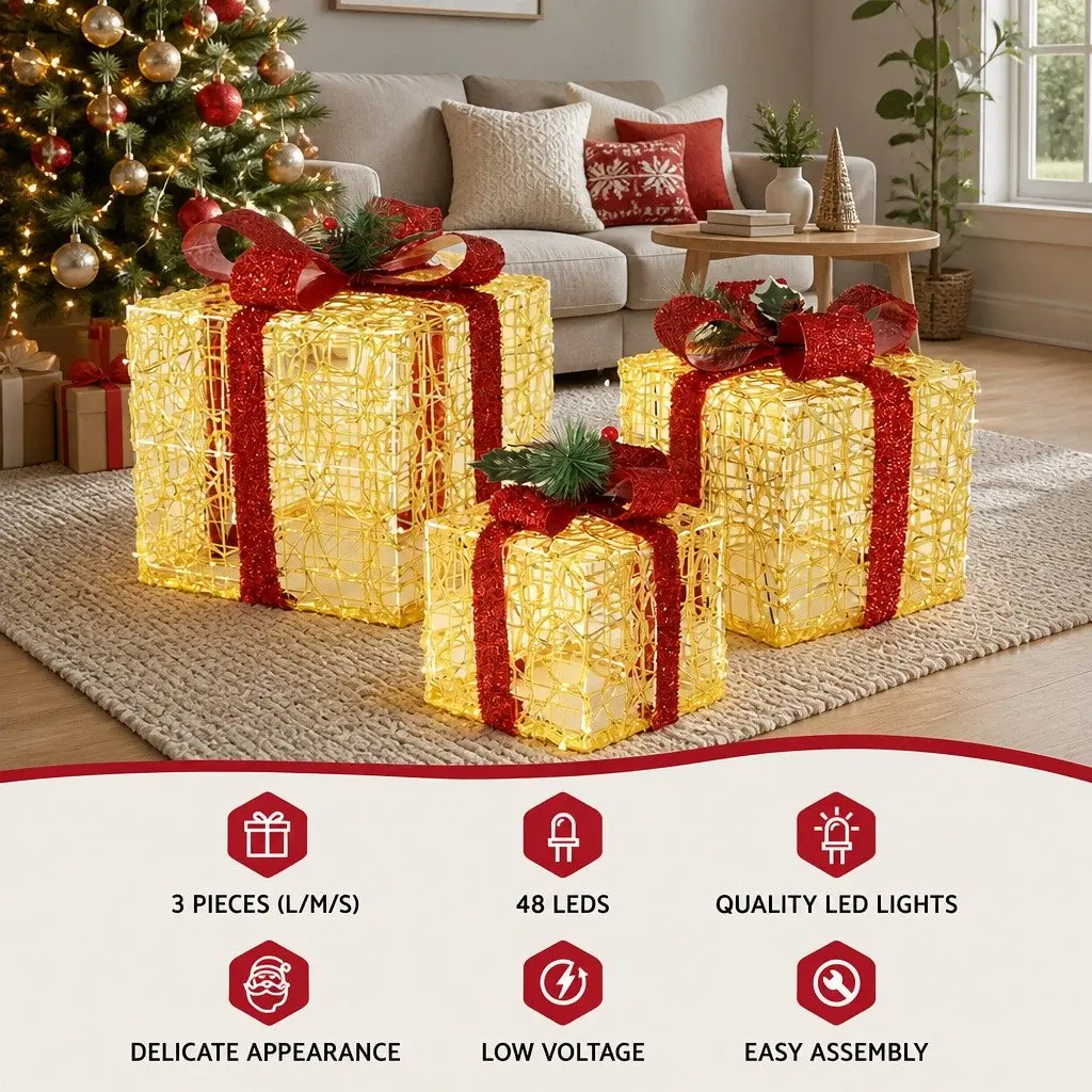 Christmas Lights Gift Box Set LED Warm-White 3 Piece Outdoor Indoor Decorations