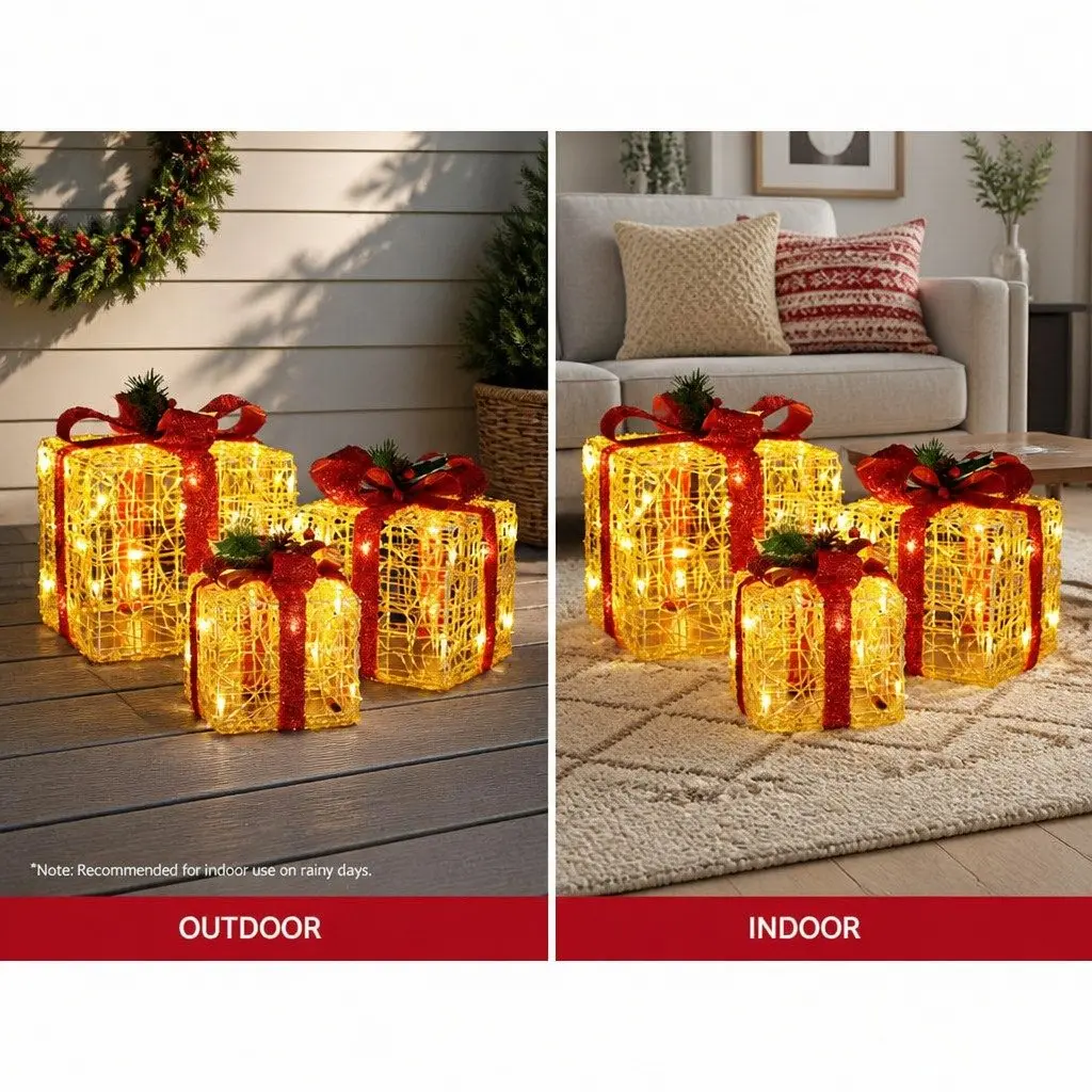 Christmas Lights Gift Box Set LED Warm-White 3 Piece Outdoor Indoor Decorations