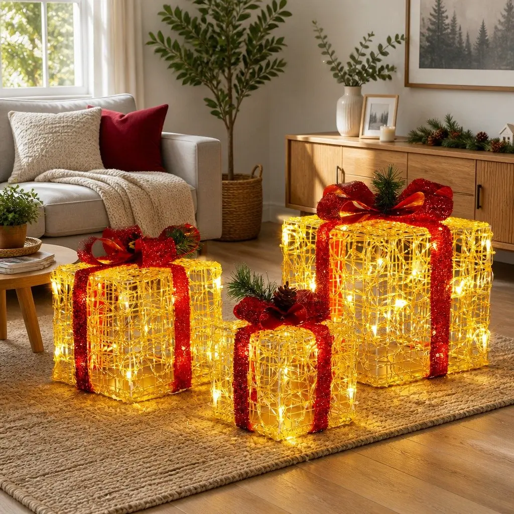 Christmas Lights Gift Box Set LED Warm-White 3 Piece Outdoor Indoor Decorations