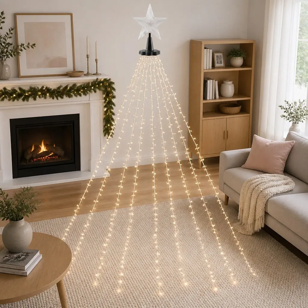 Christmas Waterfall String Lights 2.5M Warm White 300 LED Star Topper Outdoor Indoor