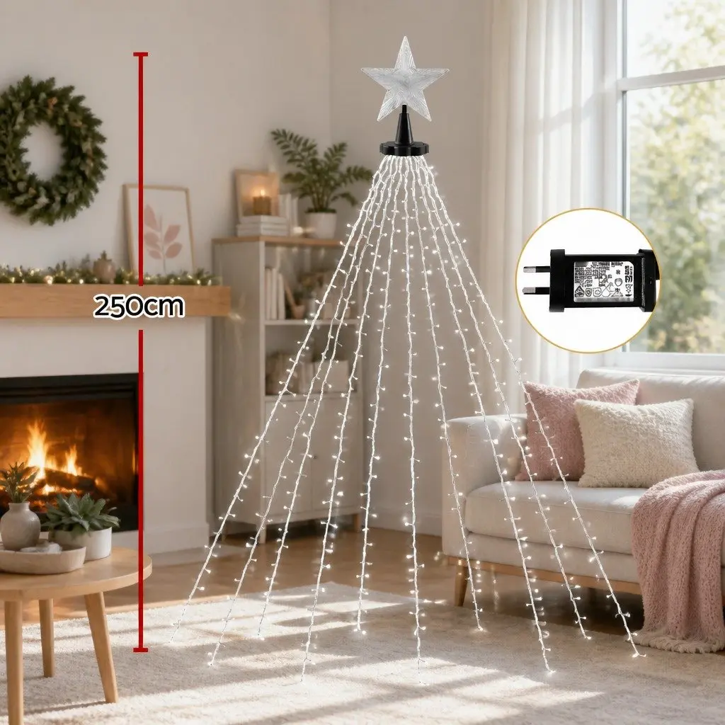Christmas Waterfall String Lights 2.5M Warm White 300 LED Star Topper Outdoor Indoor
