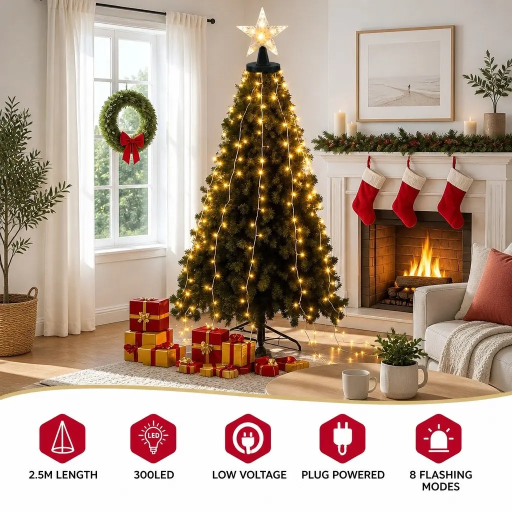 Christmas Waterfall String Lights 2.5M Warm White 300 LED Star Topper Outdoor Indoor