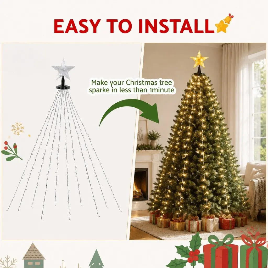Christmas Waterfall String Lights 2.5M Warm White 300 LED Star Topper Outdoor Indoor
