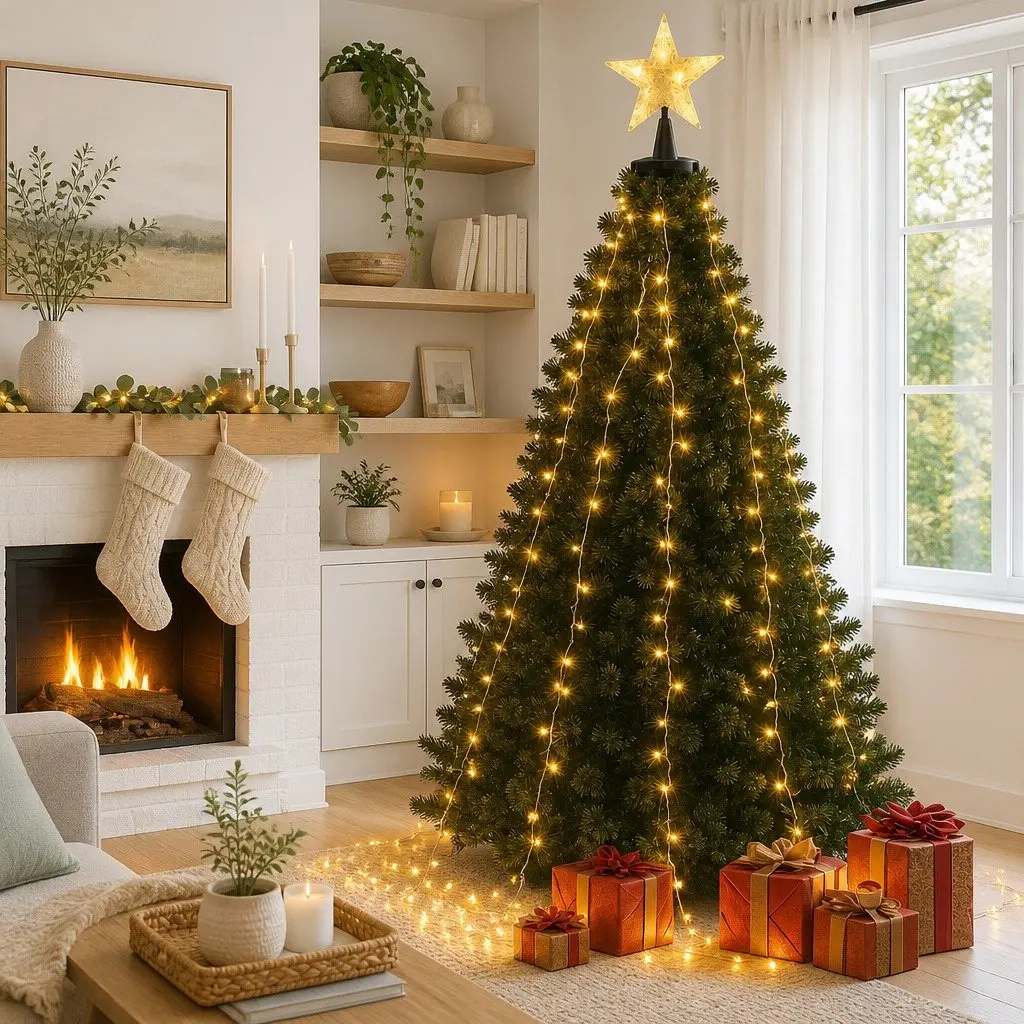 Christmas Waterfall String Lights 2.5M Warm White 300 LED Star Topper Outdoor Indoor