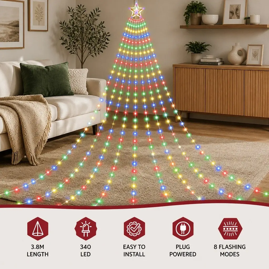 Christmas Waterfall String Lights 3.8M 340 LED Multicolour Outdoor Indoor