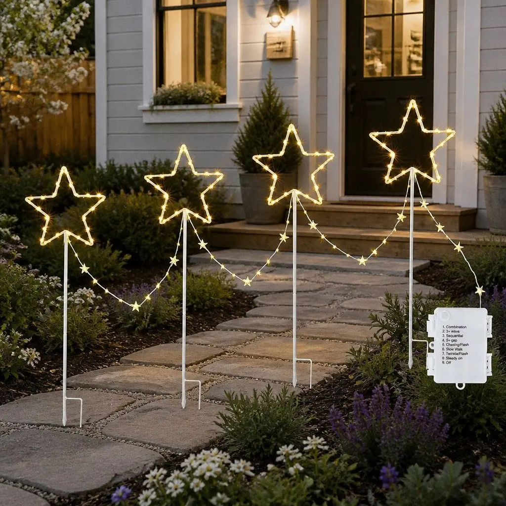 Christmas Lights Path Ground Light 4 Piece Warm White LED 144 Bulbs 8 Modes