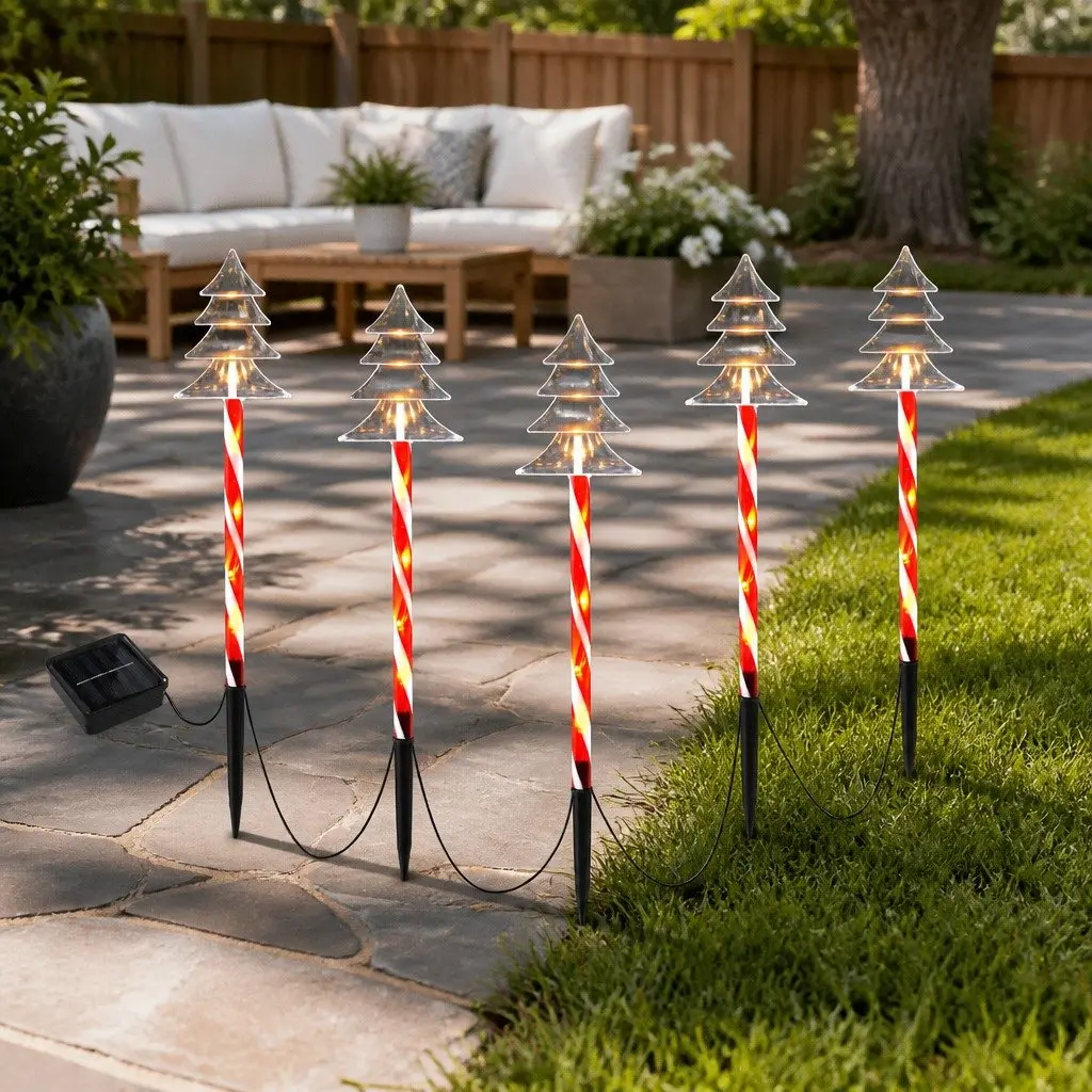 Solar Powered Christmas Path Ground Lights 5 Piece Warm White LED 25 Bulbs Outdoor Decoration