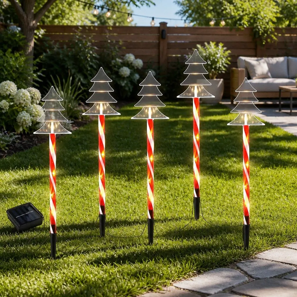 Solar Powered Christmas Path Ground Lights 5 Piece Warm White LED 25 Bulbs Outdoor Decoration