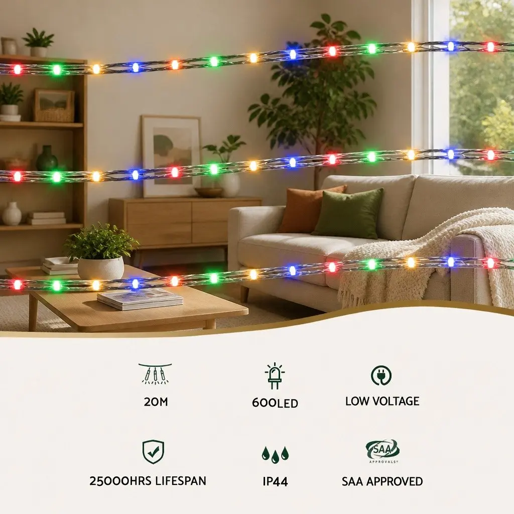 Christmas Rope Lights 20M Multicolour LED String Decorations Indoor Outdoor
