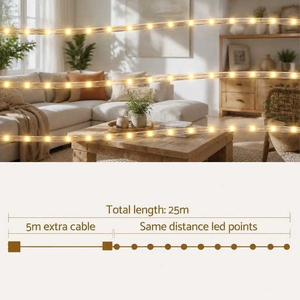 Christmas Rope Light 20M Warm White LED Outdoor Indoor String Light
