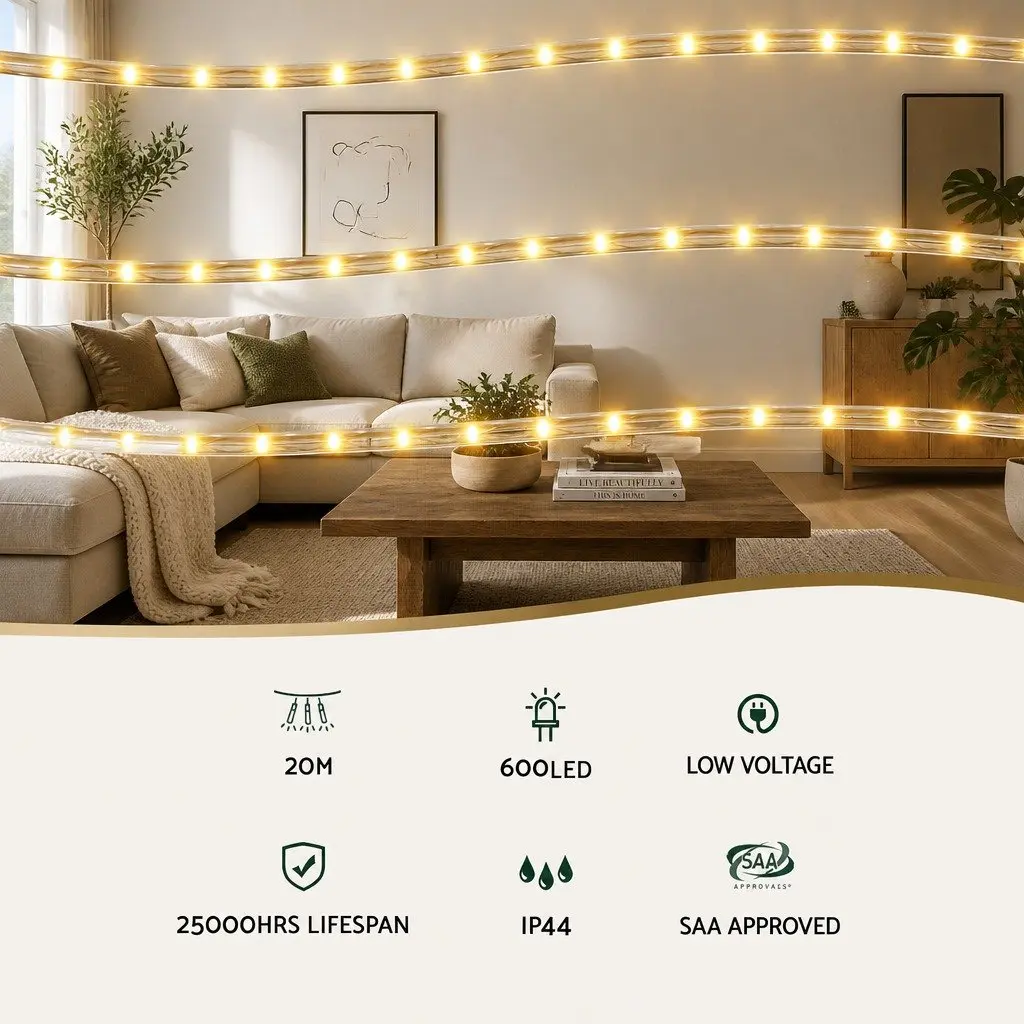 Christmas Rope Light 20M Warm White LED Outdoor Indoor String Light
