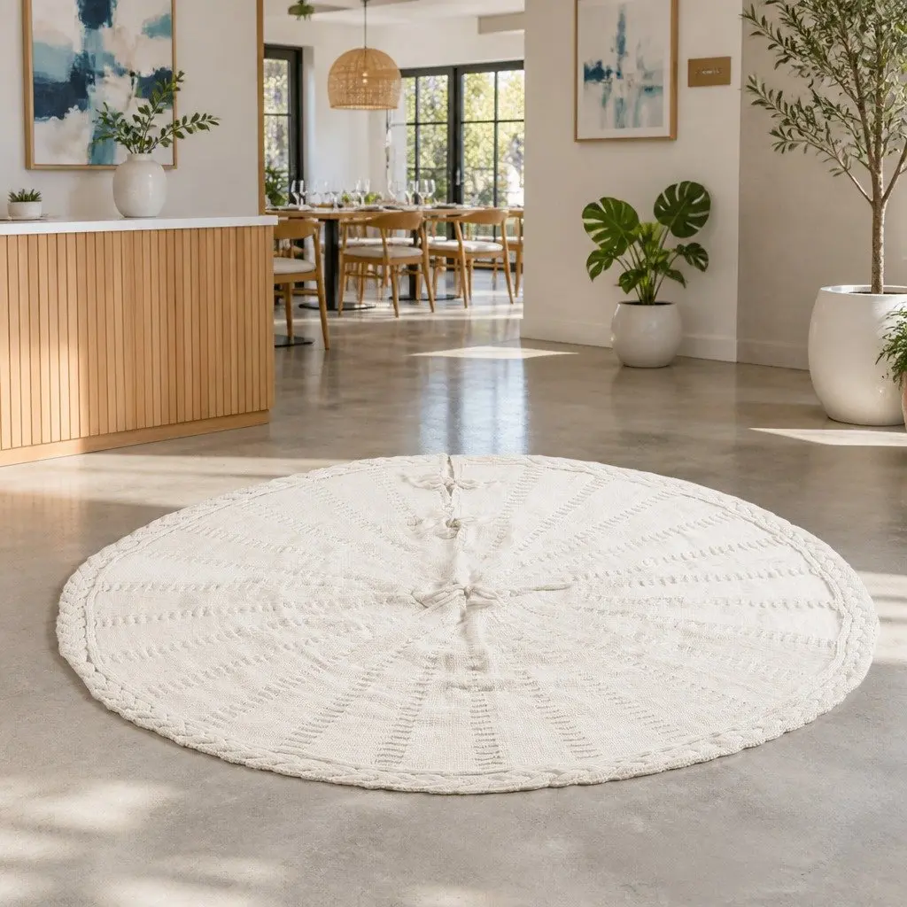 Christmas Tree Skirt Knitted Beige 120cm with Bow-Knot Fastening Straps Holiday Home Decor
