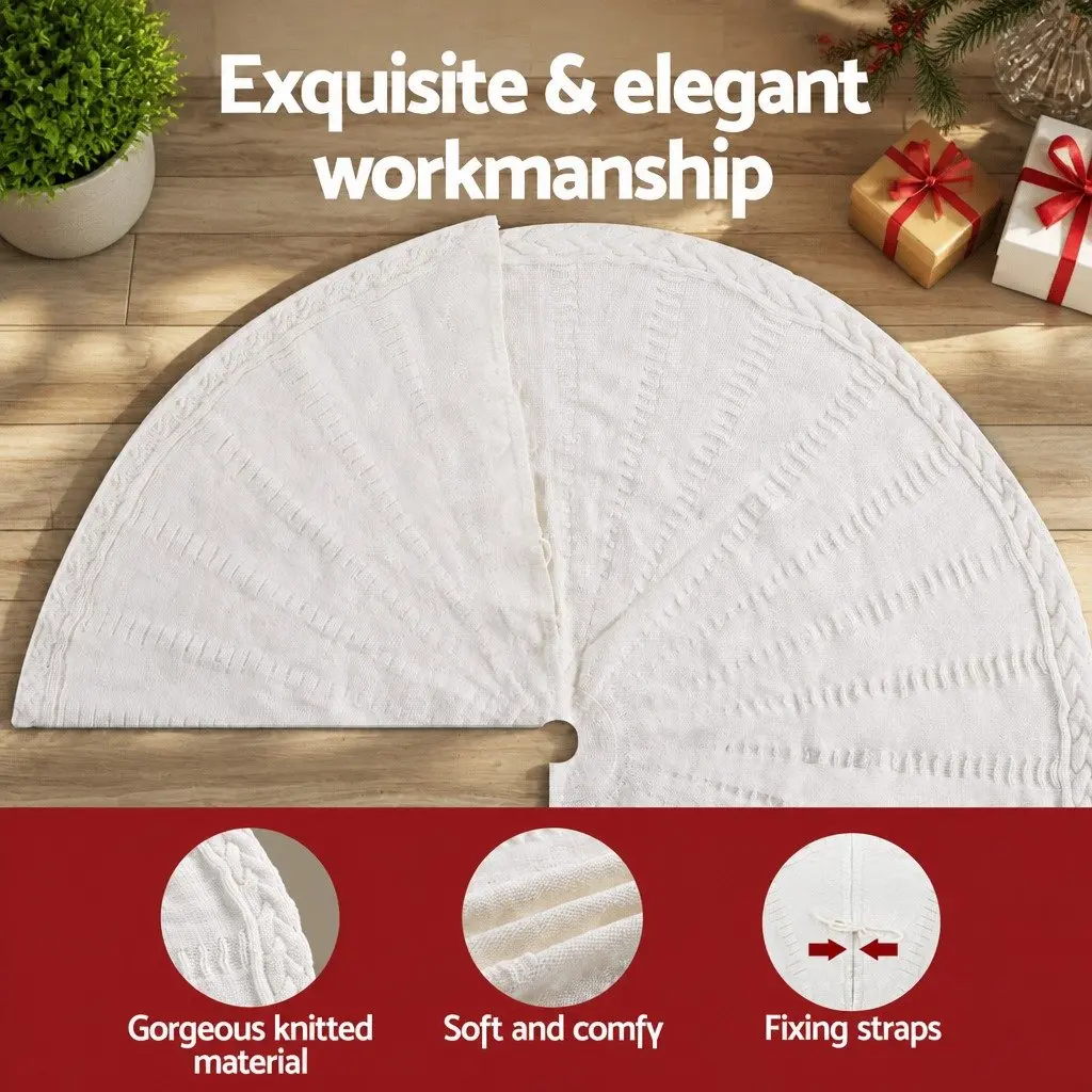 Christmas Tree Skirt Knitted Beige 120cm with Bow-Knot Fastening Straps Holiday Home Decor