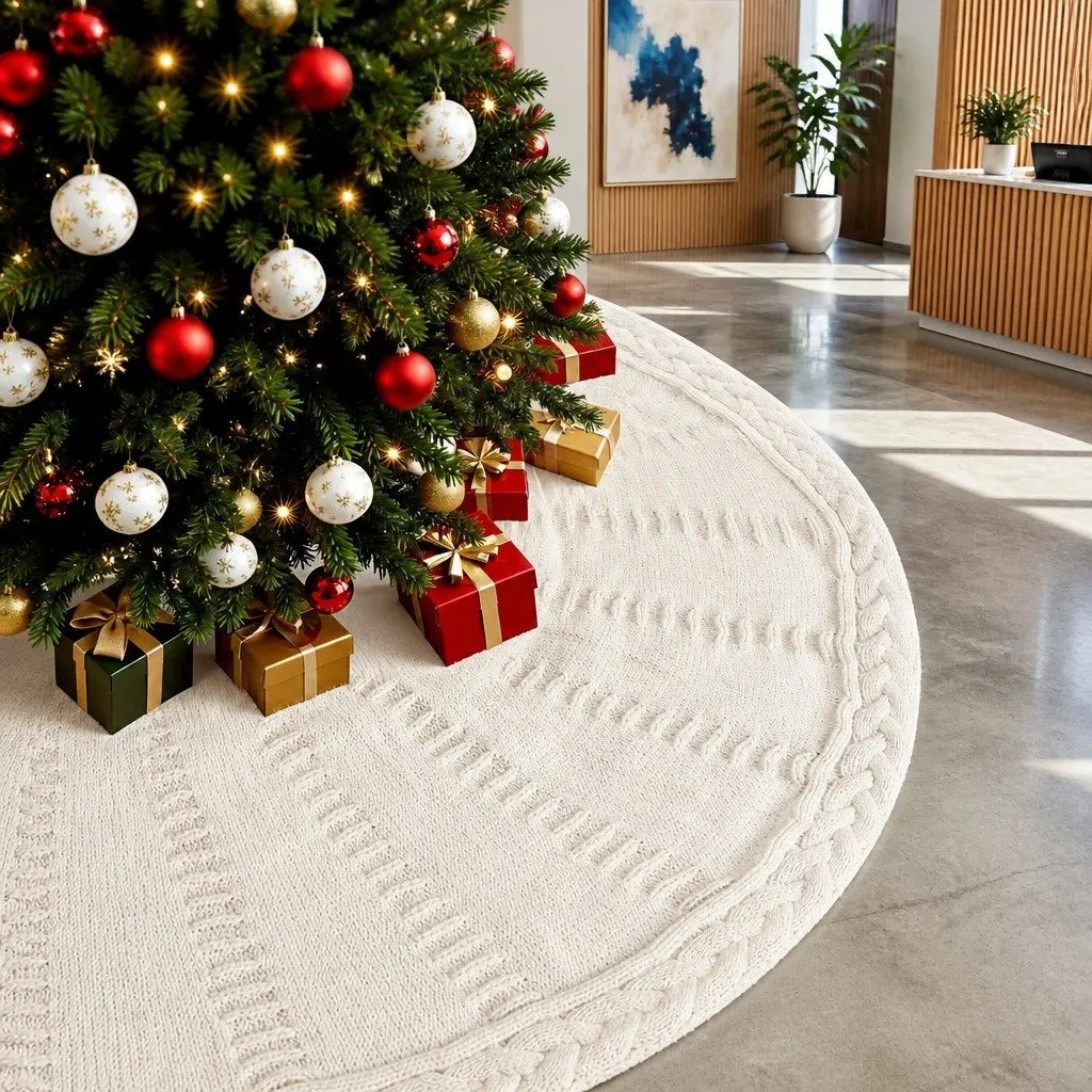 Christmas Tree Skirt Knitted Beige 120cm with Bow-Knot Fastening Straps Holiday Home Decor
