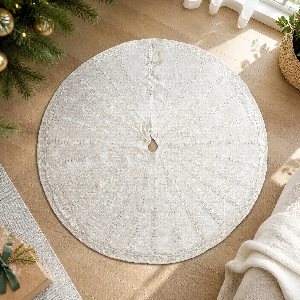 Christmas Tree Skirt Knitted Fabric Beige 90cm with Bow-Knot Fastening Straps for Holiday Decoration