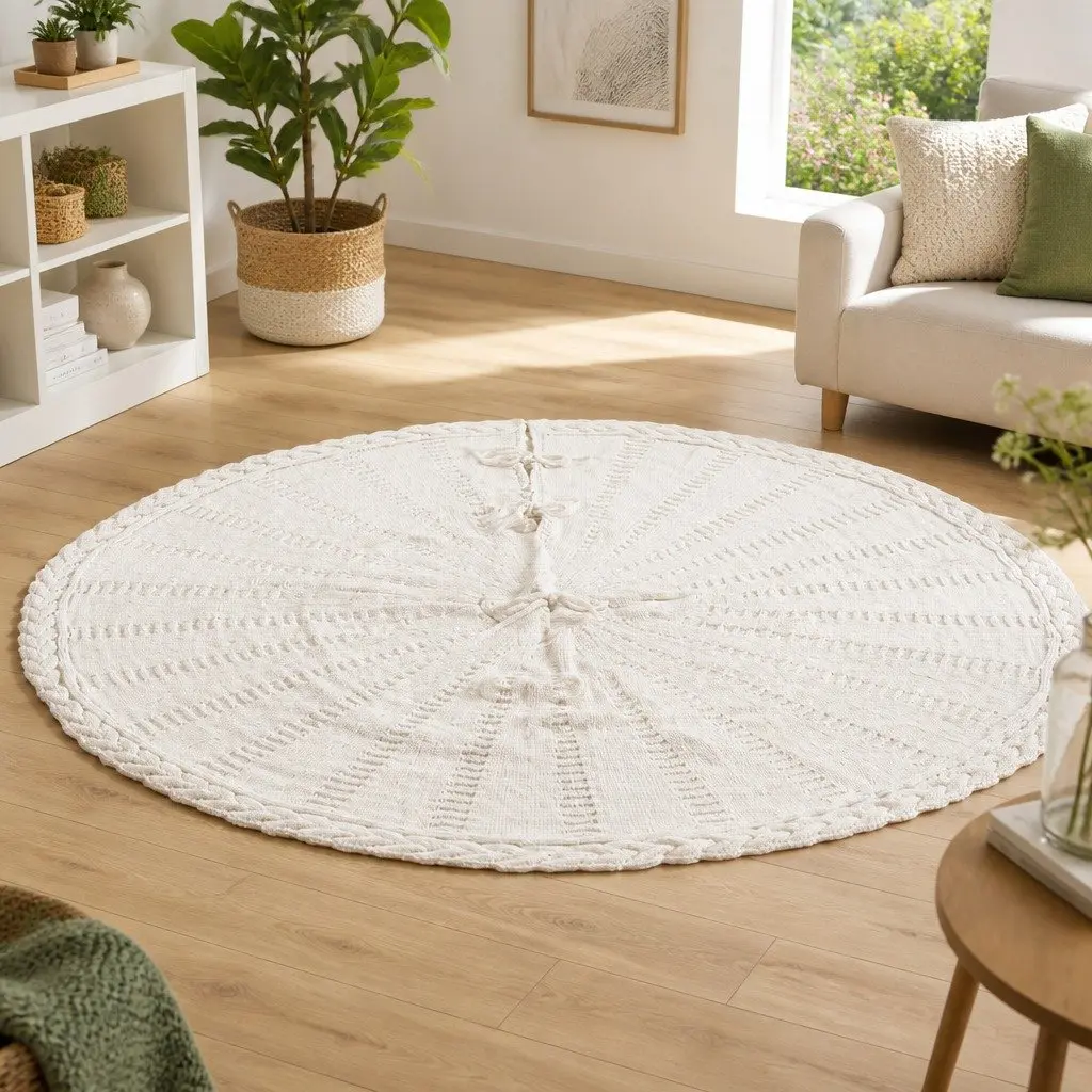 Christmas Tree Skirt Knitted Fabric Beige 90cm with Bow-Knot Fastening Straps for Holiday Decoration