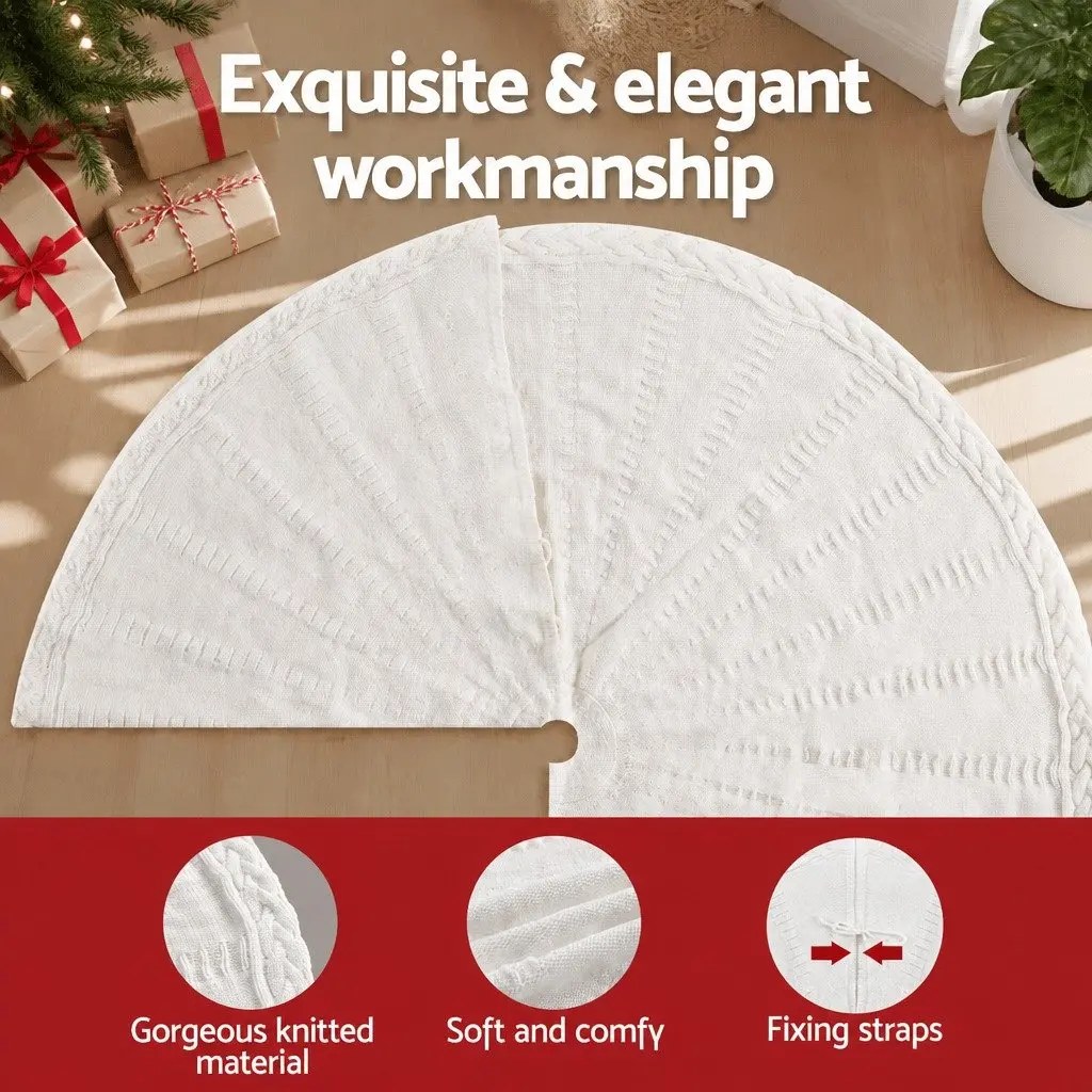 Christmas Tree Skirt Knitted Fabric Beige 90cm with Bow-Knot Fastening Straps for Holiday Decoration