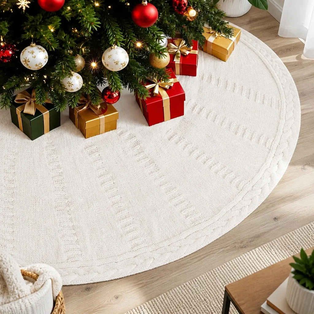 Christmas Tree Skirt Knitted Fabric Beige 90cm with Bow-Knot Fastening Straps for Holiday Decoration