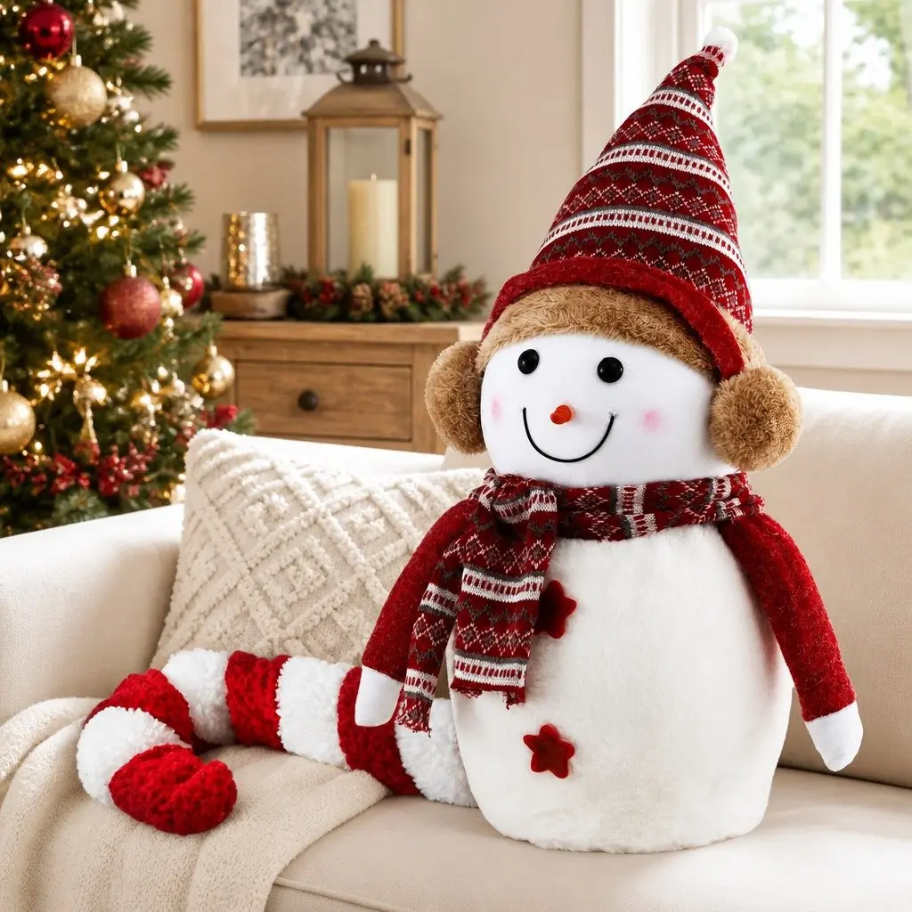 Snowman Plush Ornament Festive Decor 45cm Red and White Handicraft