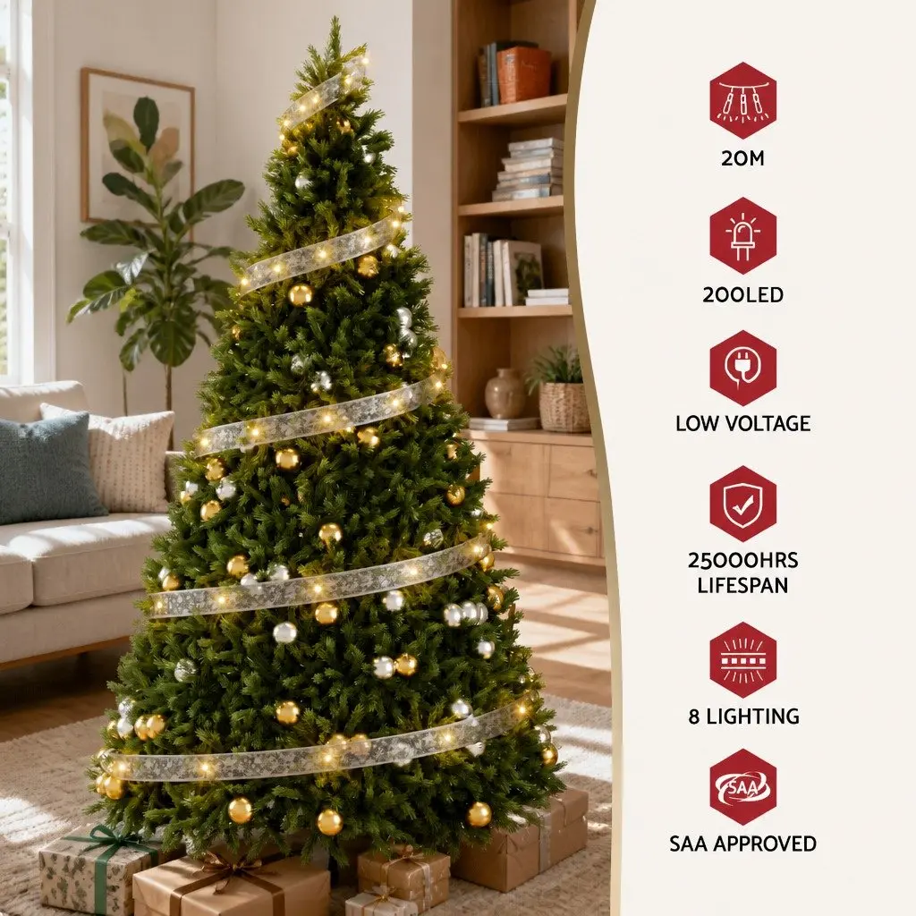 20M Christmas Lights 200 LED Warm White Ribbon String Indoor Outdoor