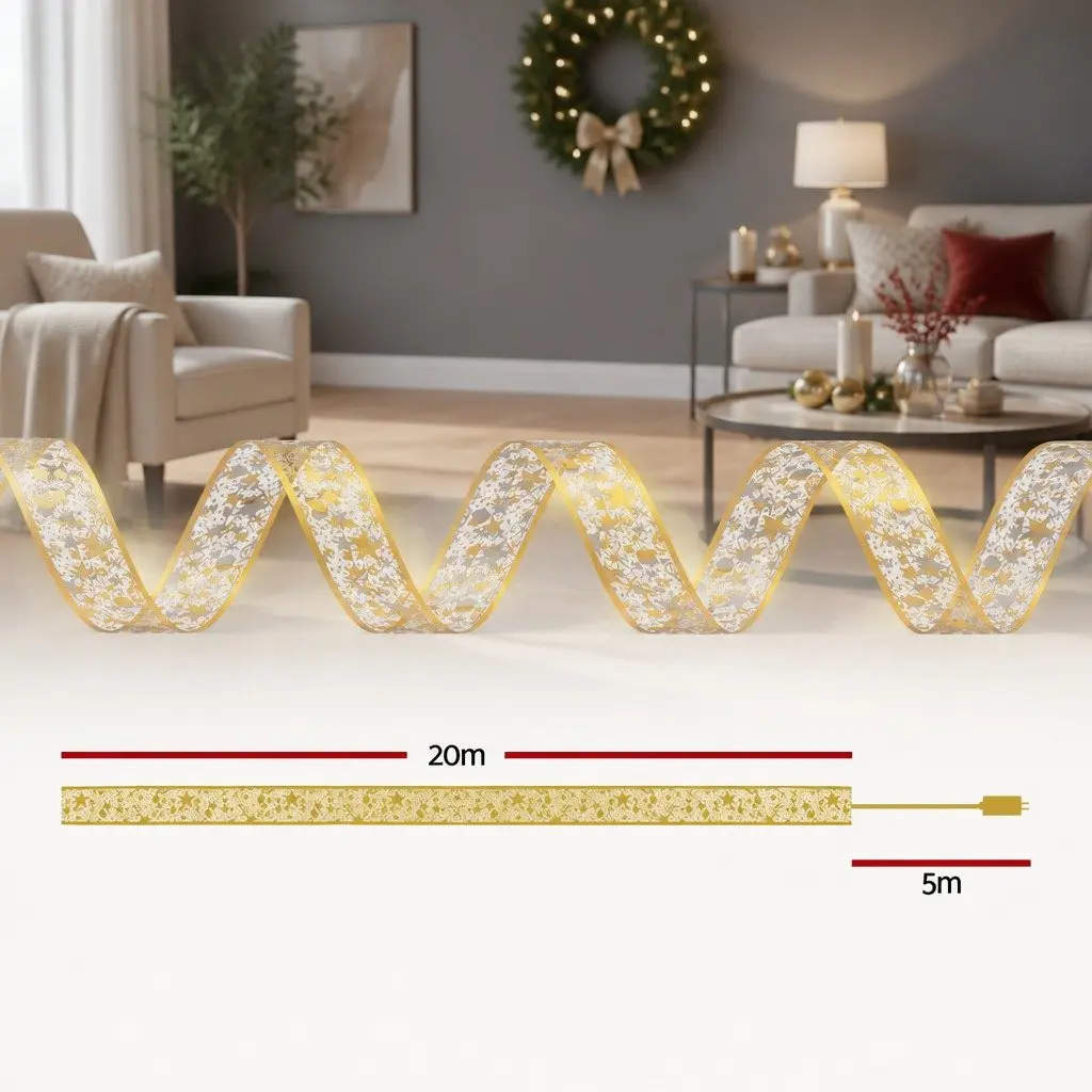 Lights 20M 200 LED Ribbon String Light Golden Christmas Xmas Indoor Outdoor