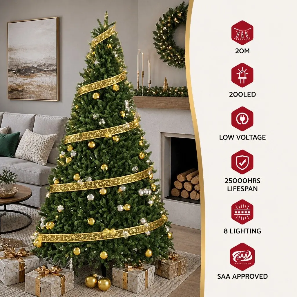 Lights 20M 200 LED Ribbon String Light Golden Christmas Xmas Indoor Outdoor