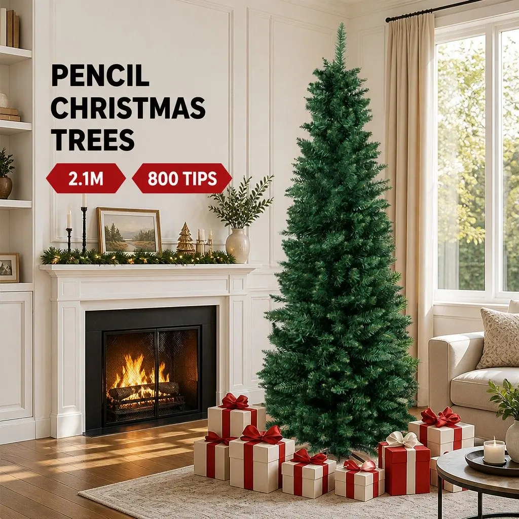 Pencil Christmas Tree Slim Artificial 2.1M Green PVC Indoor Outdoor Decorations