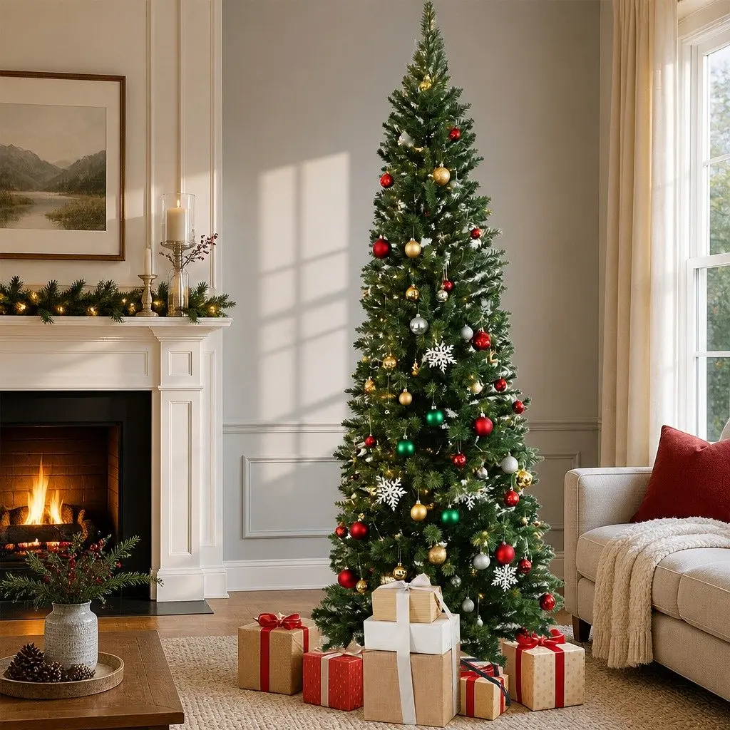 Pencil Christmas Tree Slim Artificial 2.1M Green PVC Indoor Outdoor Decorations