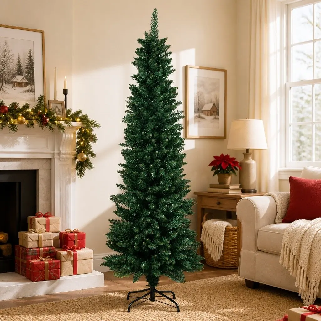 Pencil Christmas Tree Slim Artificial 2.1M Green PVC Indoor Outdoor Decorations