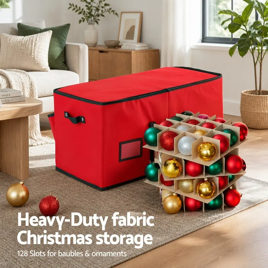 Christmas Baubles Storage Box Non-woven Fabric 128 Slots Red