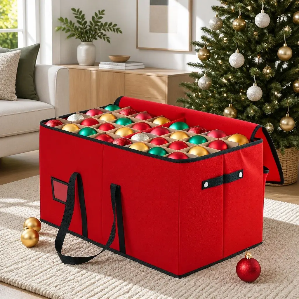 Christmas Baubles Storage Box Non-woven Fabric 128 Slots Red