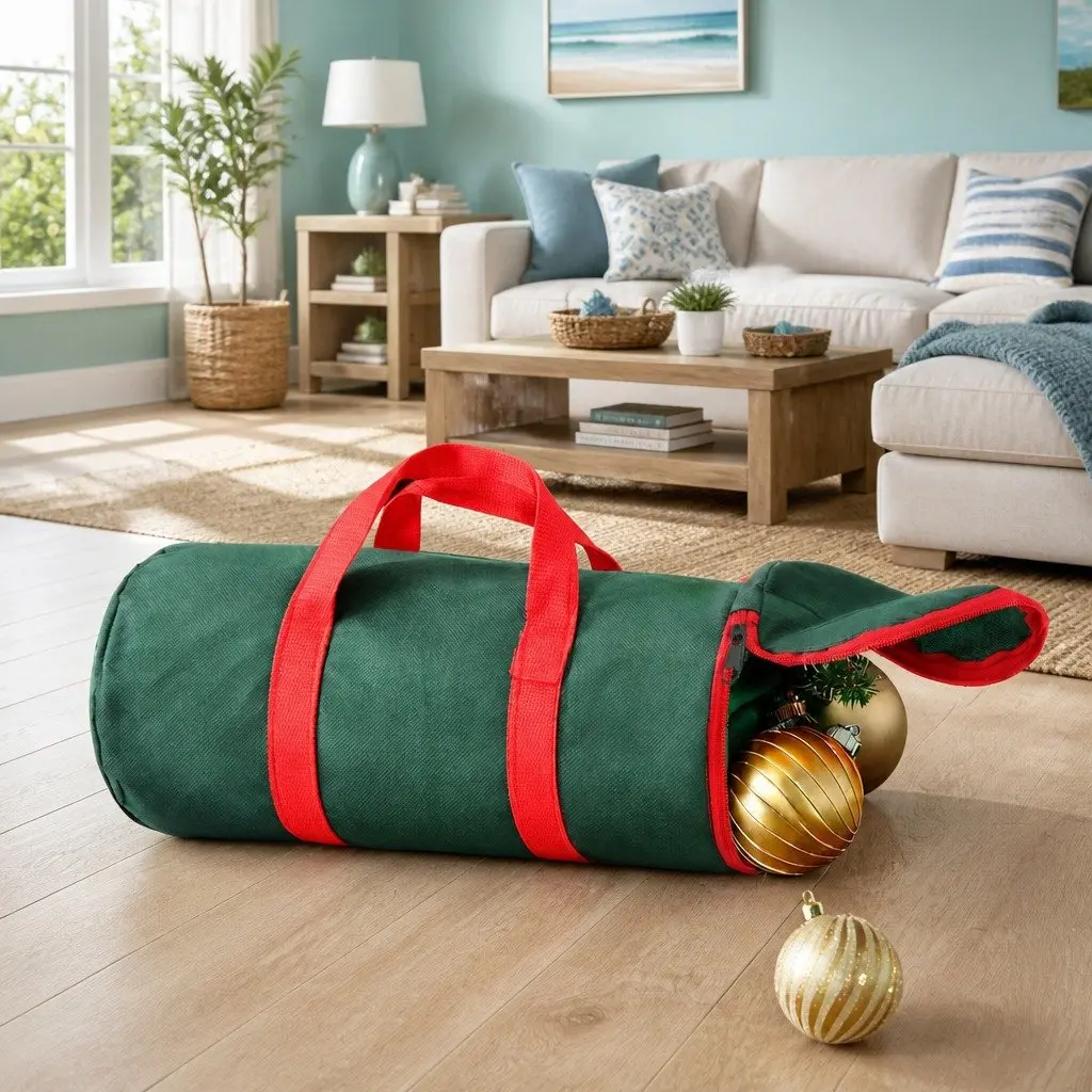 Christmas Baubles Storage Bag Cylindrical Oxford Fabric 35cm Green