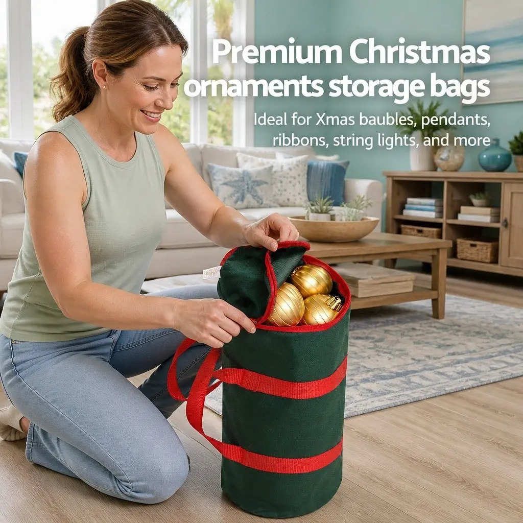 Christmas Baubles Storage Bag Cylindrical Oxford Fabric 35cm Green