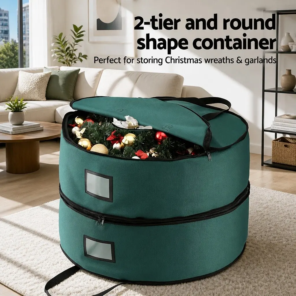 Christmas Garland Wreath Storage Bag Oxford Fabric 60cm Green 2-Tier Ornaments Holder