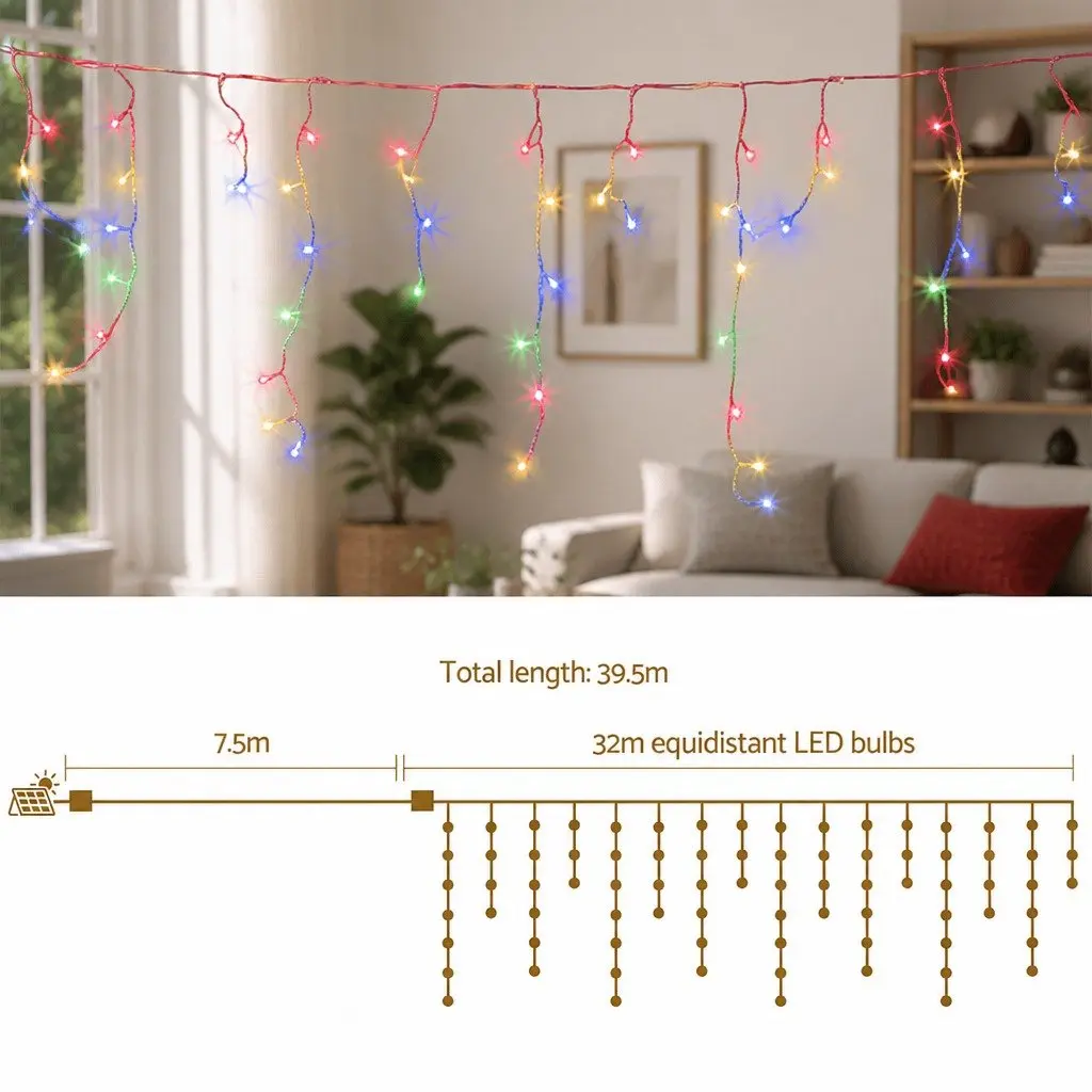 Icicle Lights Solar Powered 32M Multicolour 960 LED Outdoor Christmas Decoration