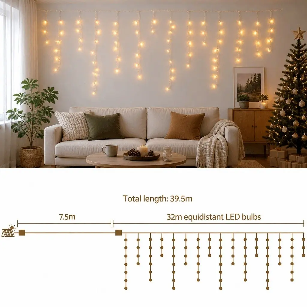 Icicle Christmas Lights Solar Powered 32M Warm White 960 LED Outdoor Decoration