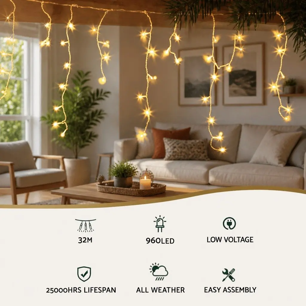 Icicle Christmas Lights Solar Powered 32M Warm White 960 LED Outdoor Decoration