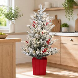 Christmas Potted Tree 100cm LED Warm White Lights Flocked Red Berries Tabletop