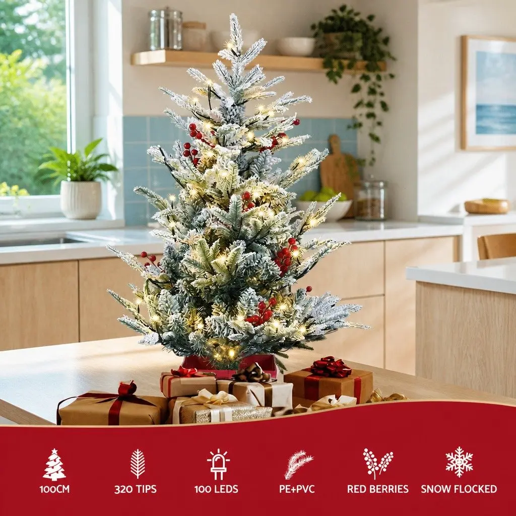 Christmas Tree Potted 100cm Flocked Green with Red Berries and Warm White LED Lights