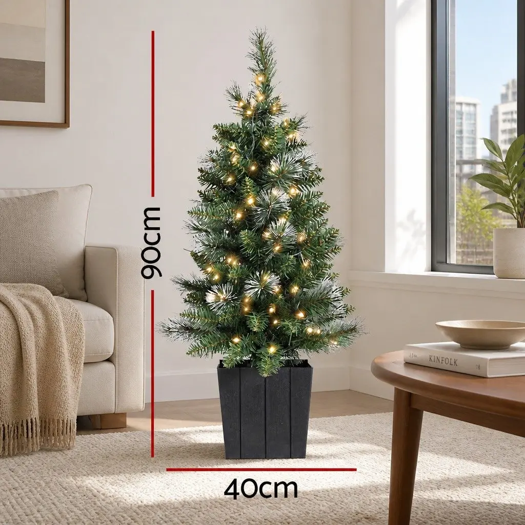 Christmas Tree Potted 90cm LED Warm White Lights with Bucket Base Indoor Decoration