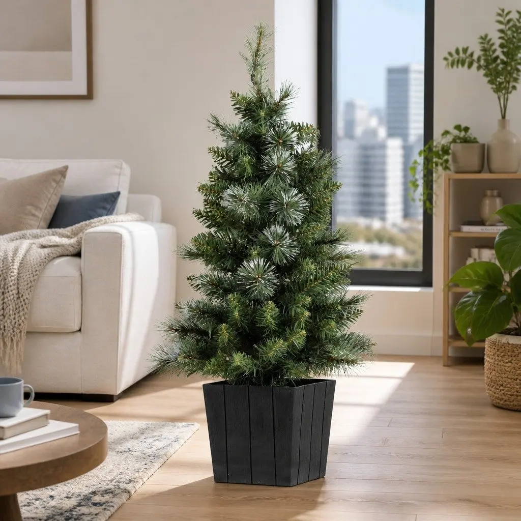 Christmas Tree Potted 90cm LED Warm White Lights with Bucket Base Indoor Decoration