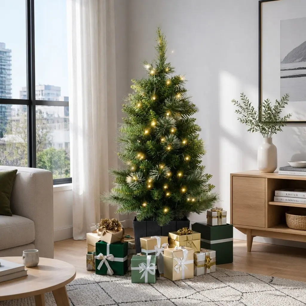 Christmas Tree Potted 90cm LED Warm White Lights with Bucket Base Indoor Decoration