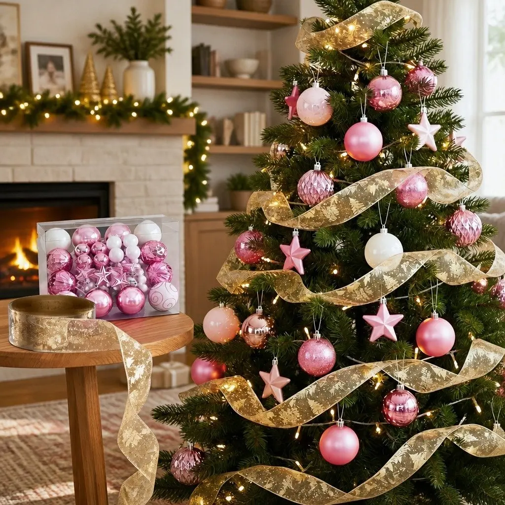 Christmas Tree Decoration Set 34pcs Ribbon Baubles Ornaments Gold Pink White