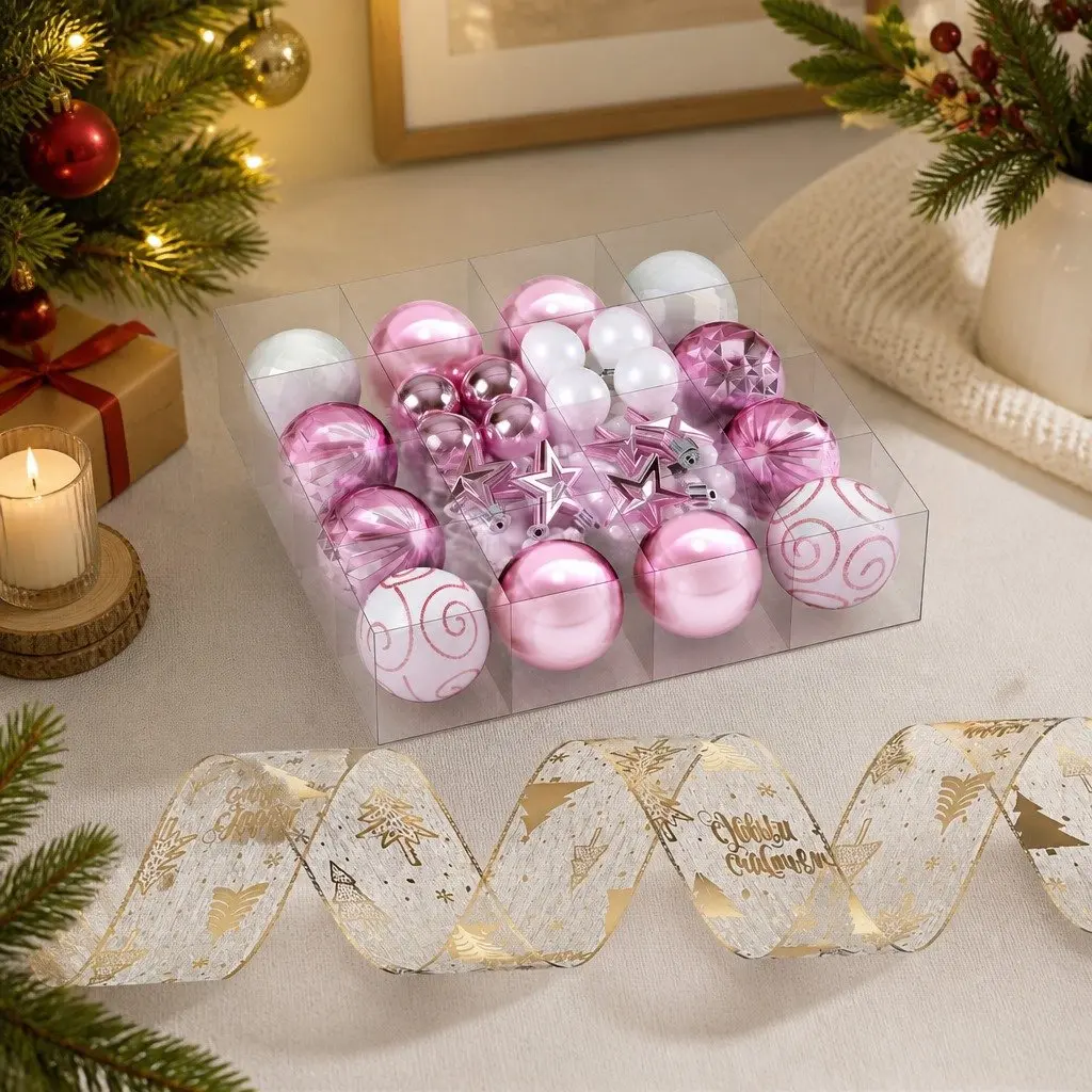Christmas Tree Decoration Set Shatterproof Ornaments 34 Piece Gold Pink White