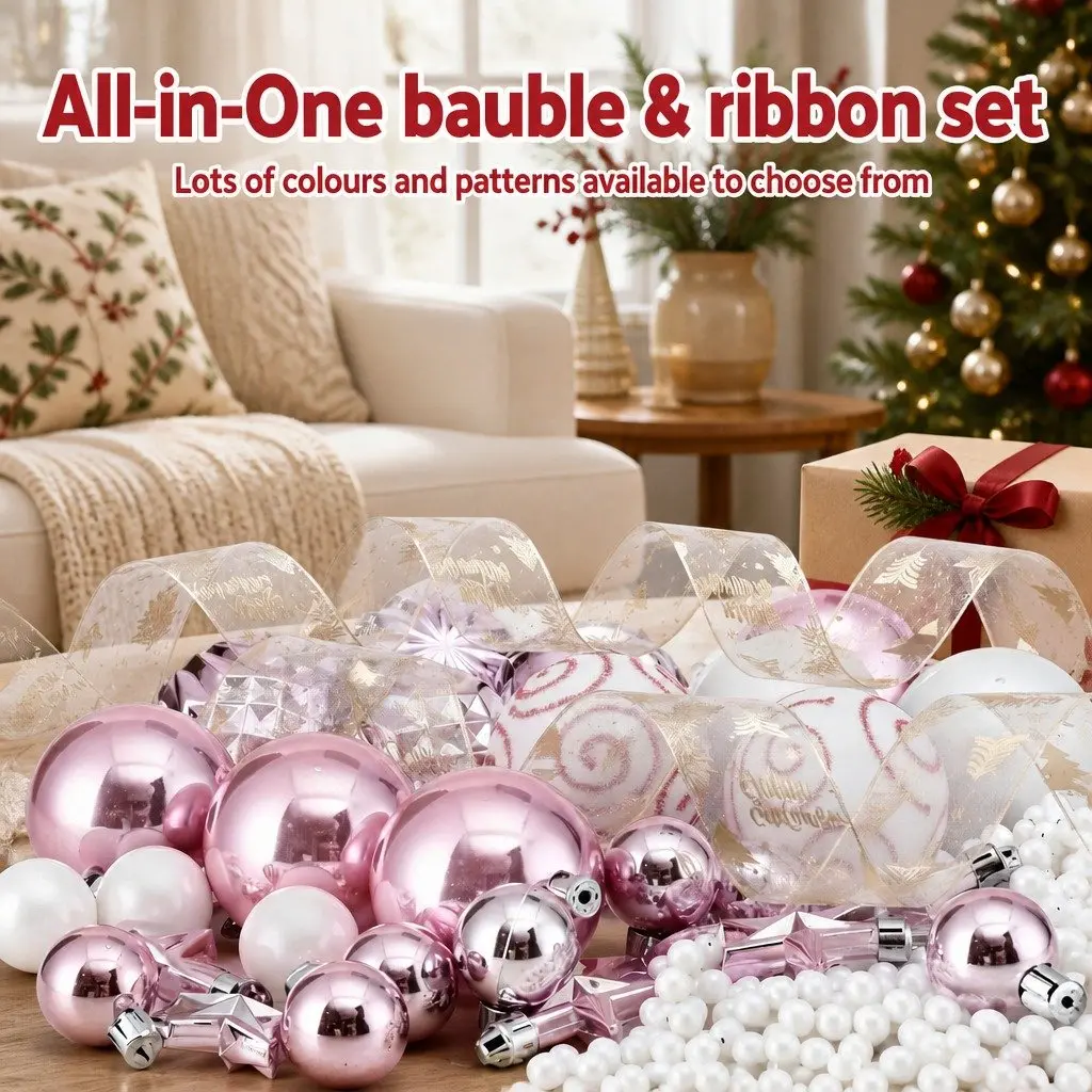 Christmas Tree Decoration Set Shatterproof Ornaments 34 Piece Gold Pink White